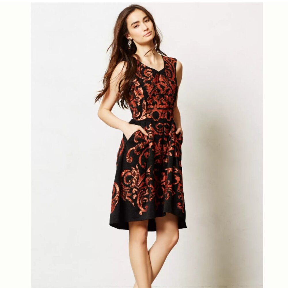 NEW Yoana Baraschi Anthropologie Copper Black Damask Fit Flare Pocket Dress 6